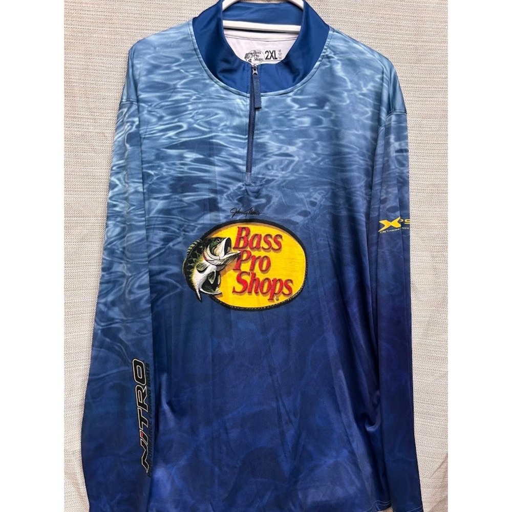 Bass Pro Shops Johnny Morris 2XL 1/4 Zip Performance Fishing Shirt Blue Nitro